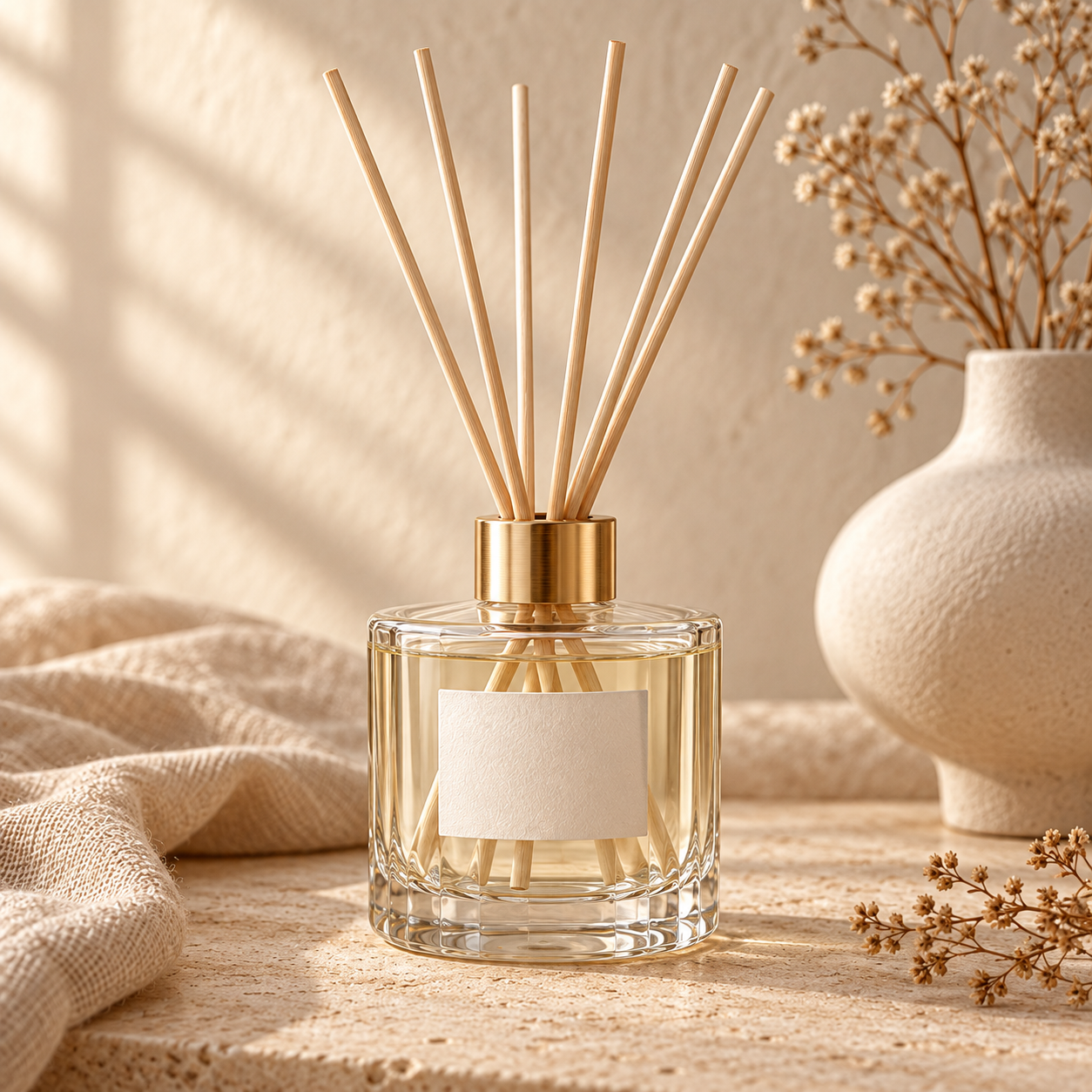 Difusor de aromas em vidro com varetas e flores secas
