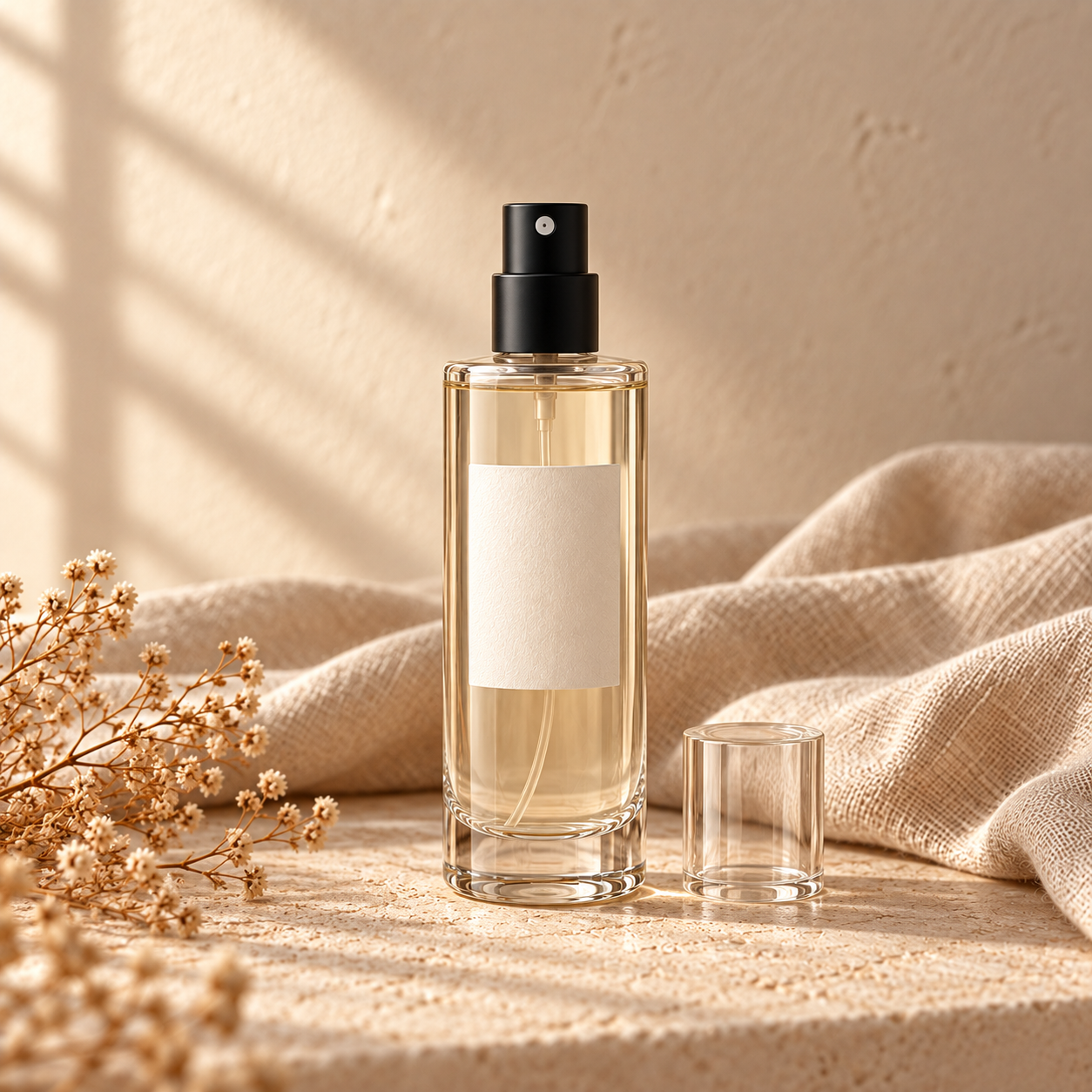 Home spray em frasco de vidro em cenário de tons naturais